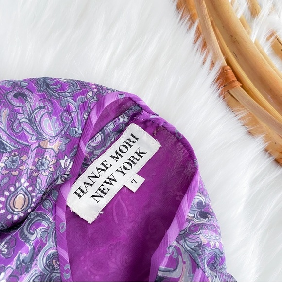 Vintage Hanae Mori New York VTG Chiffon Paisley Stripe Dress Purple - Picture 10 of 16